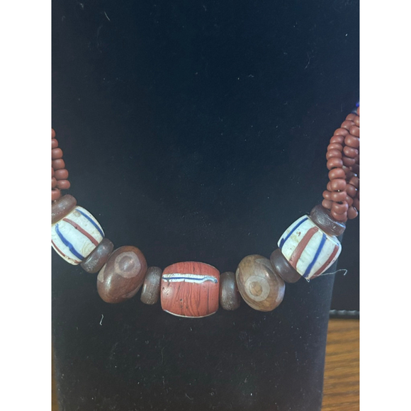 Women's artisan trading bead style Necklace & Earrings Set, OS, Brown & Blue - Picture 2 of 5